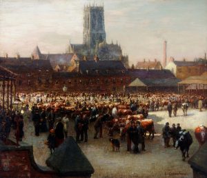 Painting showing a busy Doncaster Cattle Market