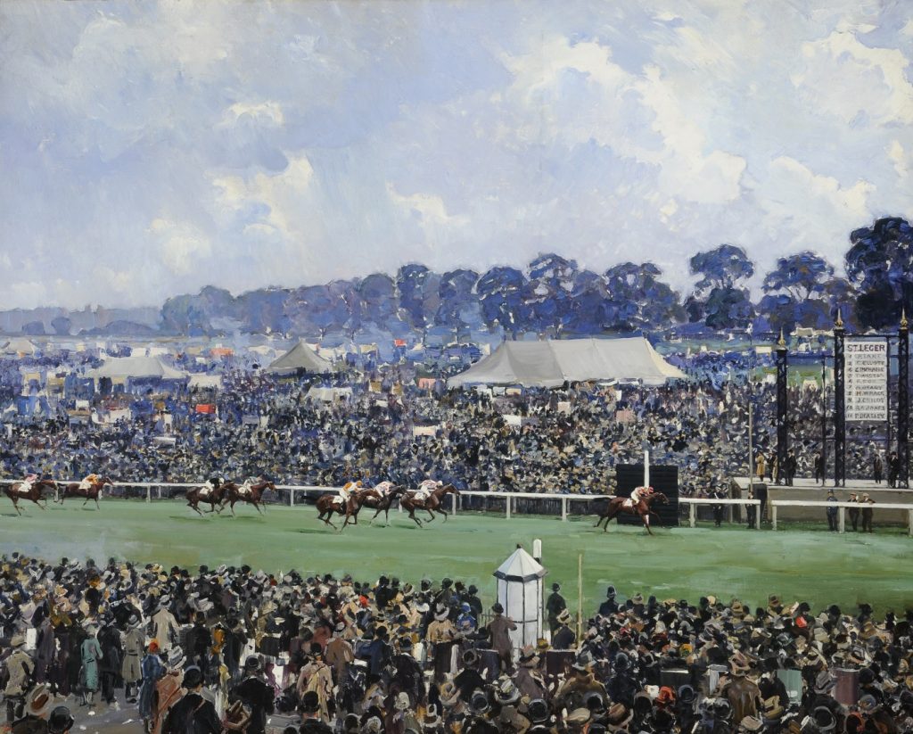 Finish of the St Leger showing crowds at the race