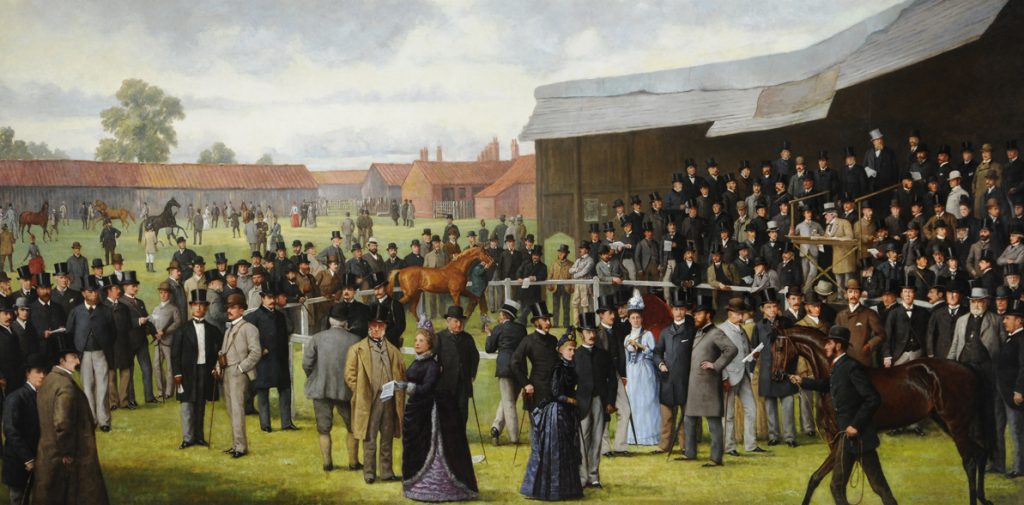 Painting depicting a yearling sale at Doncaster races showing the upper and middle classes attending