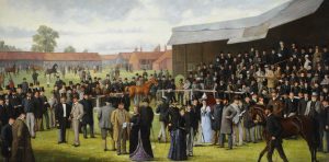 Painting depicting a yearling sale at Doncaster races showing the upper and middle classes attending