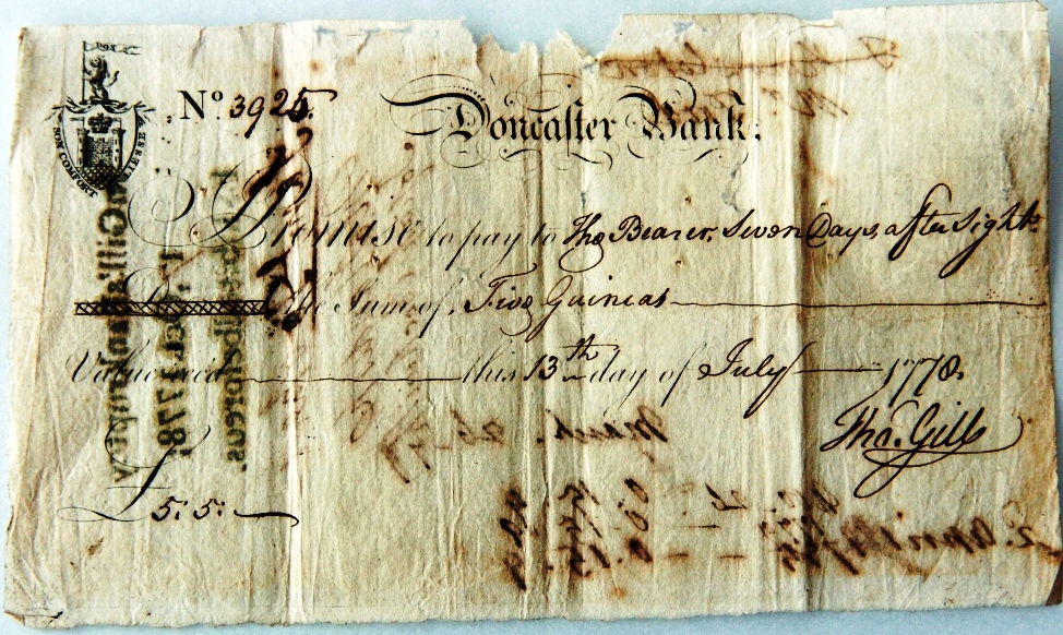 Doncaster Bank cheque, which bounced 1778. 