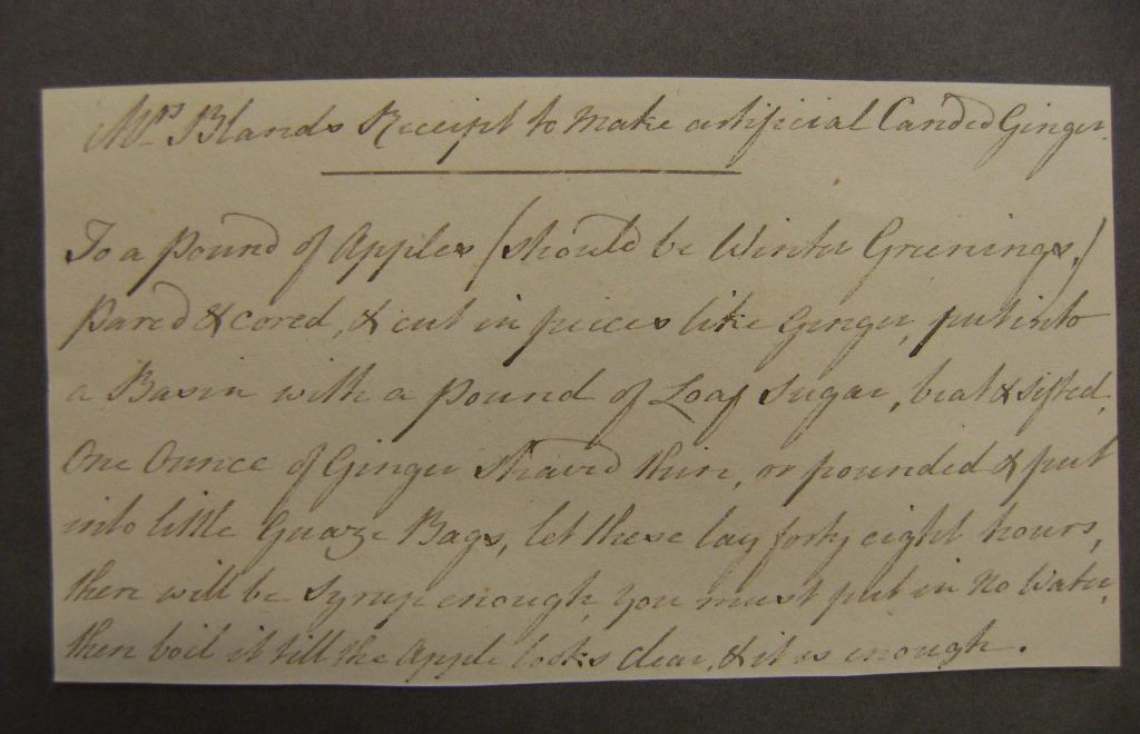 Handwritten recipe for candied ginger used at Cusworth Hall