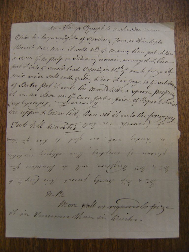 Handwritten recipe for ice cream used at Cusworth Hall