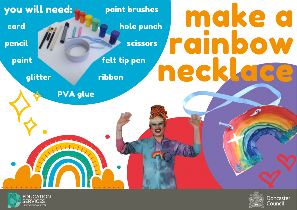 make a rainbow necklace
you will need
card
pencil
paint
glitter
PVA glue
paint brush
hle punch
scissors
felt tip pen
ribbon