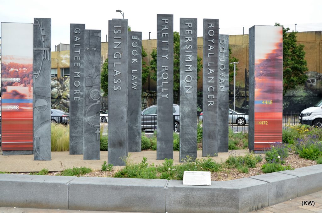 Colour photograph of decorative metal columns outside Doncaster Railway Station, 2023