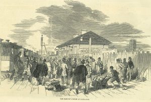 historic sepia etching of Doncaster Railway Station