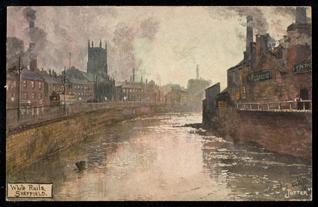 White Rails area of Sheffield with river at centre of image and industrial buildings and houses to either side