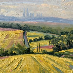 Painting of field with yellow and green